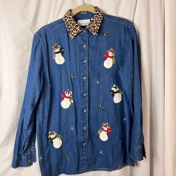 Casey & Max Women Medium Denim Shirt Christmas Velvet Cheetah Collar Snowmen Vtg - Picture 1 of 4